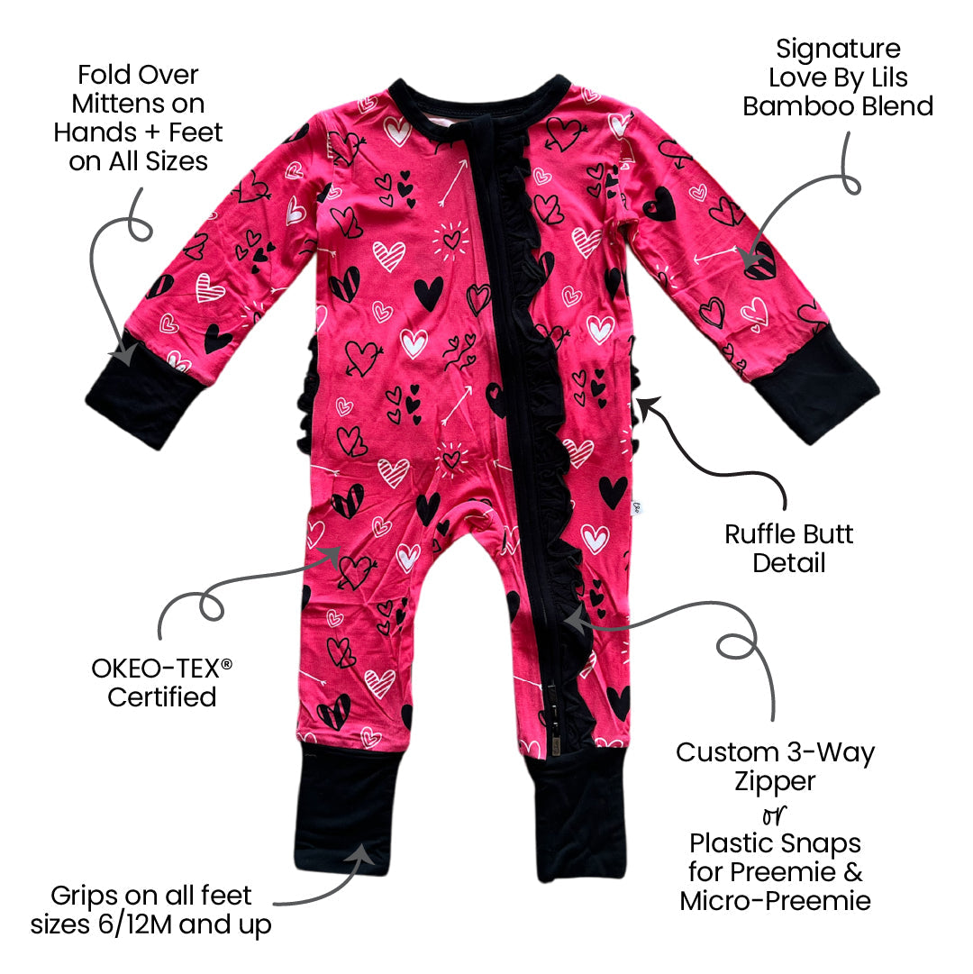 Heart Doodles Pink Bamboo Ruffle Convertible Footie